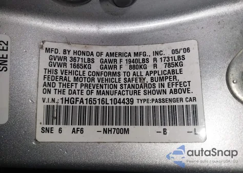 2006 Honda Civic Lx from USA, damaged, VIN 1HGFA16516L104439